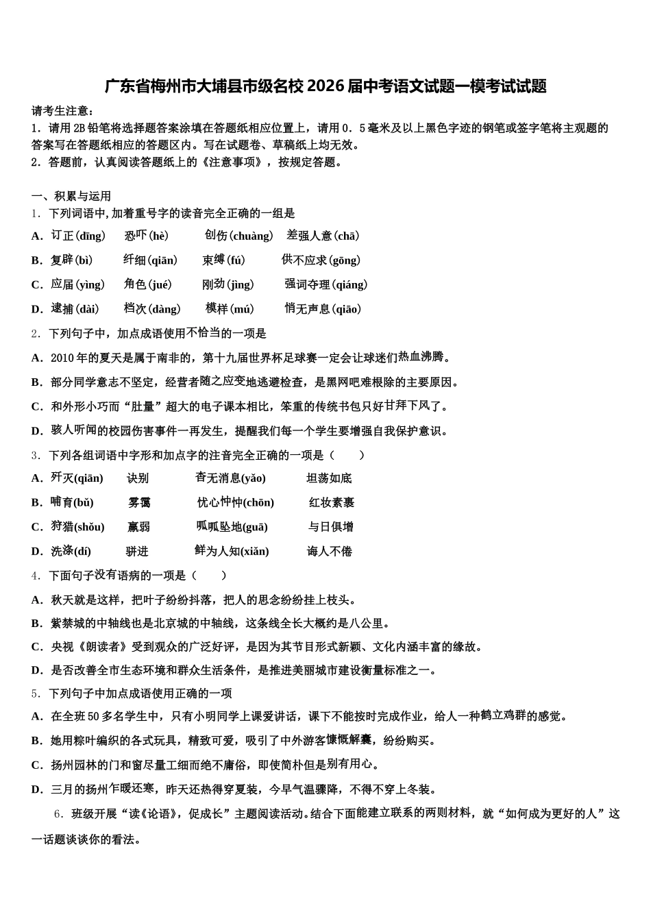 广东省梅州市大埔县市级名校2026届中考语文试题一模考试试题含解析_第1页