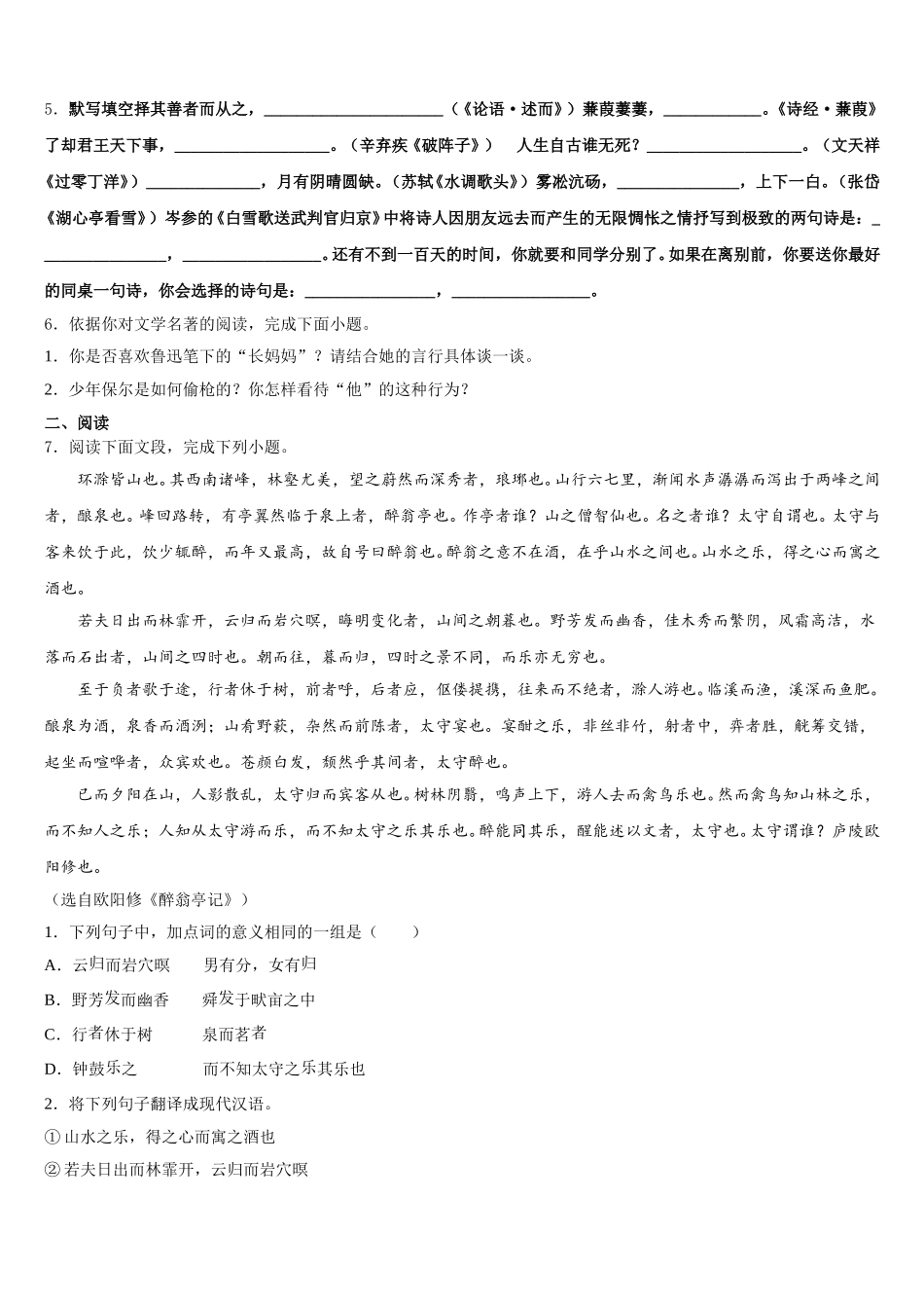 2026届广东省深圳市大鹏新区初三年级第二学期期中练习语文试题含解析_第2页
