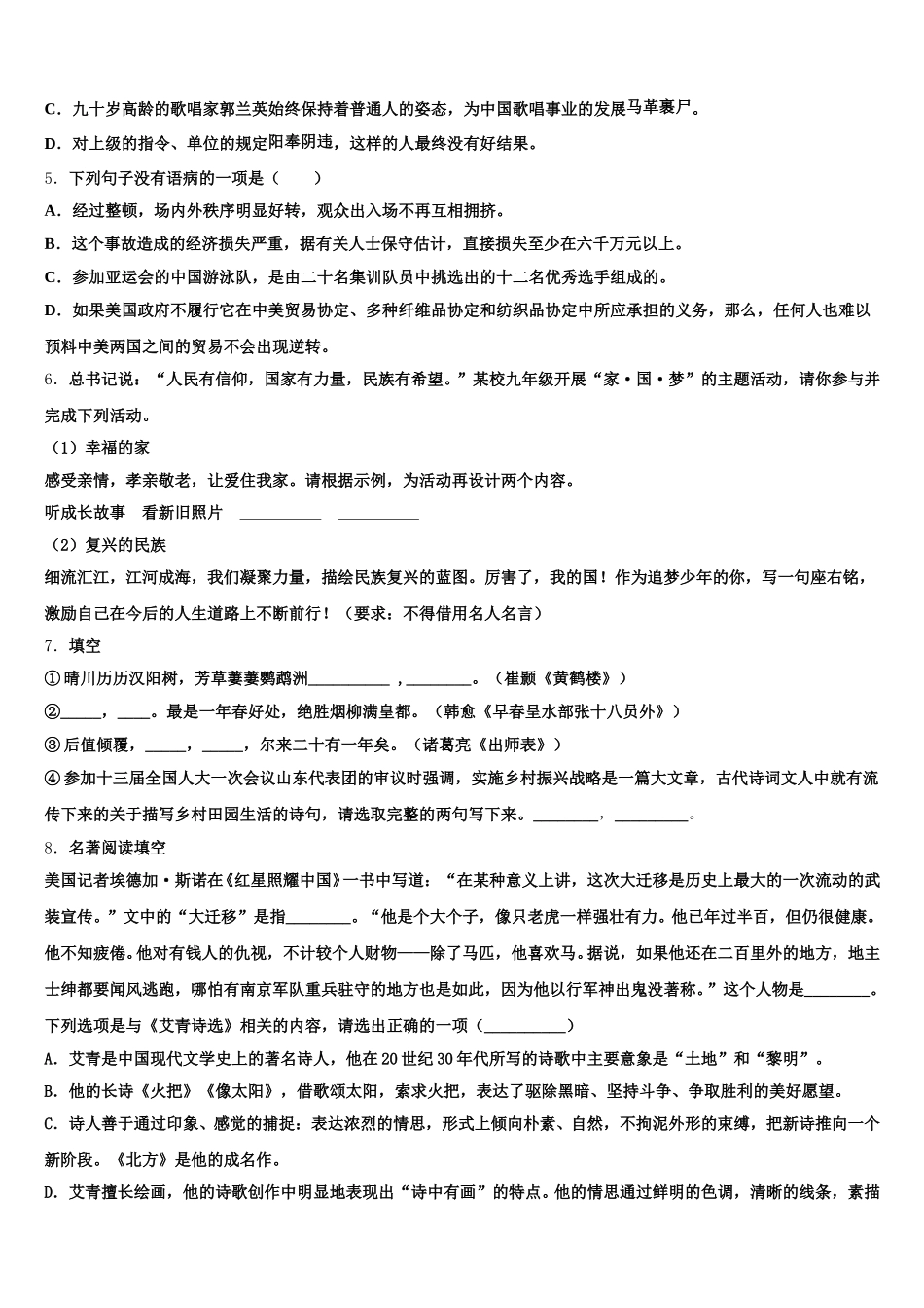 2025-2026学年广东省阳东广雅校初三第二次调查研究考试语文试题含解析_第2页