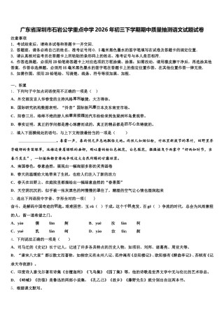 广东省深圳市石岩公学重点中学2026年初三下学期期中质量抽测语文试题试卷含解析