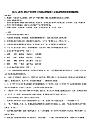 2025-2026学年广东省梅州市重点名校初三全真语文试题模拟试卷(16)含解析