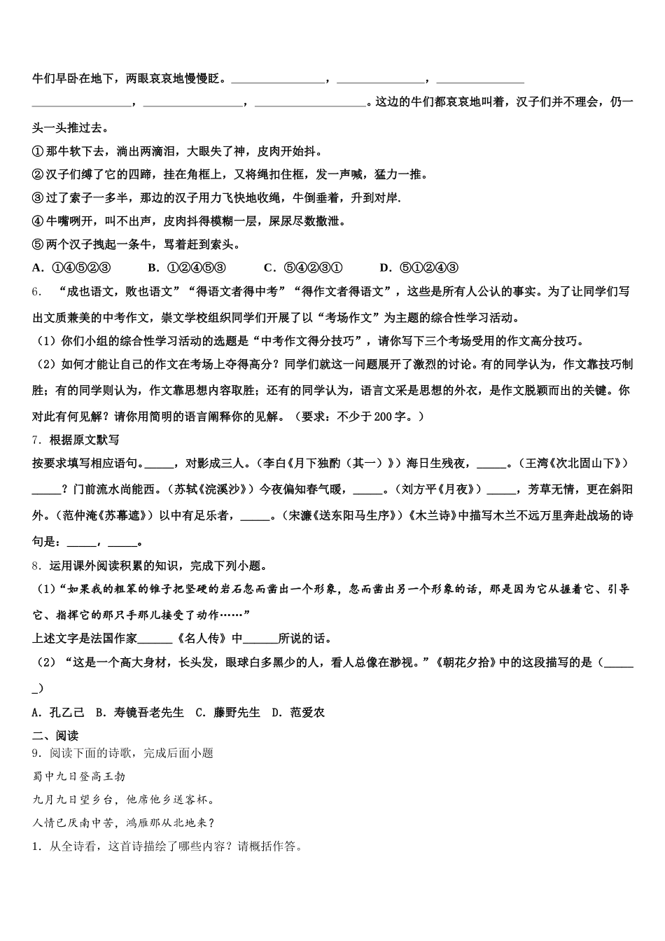 黑龙江省八五八农场校2025-2026学年中考模拟（四）语文试题含解析_第2页