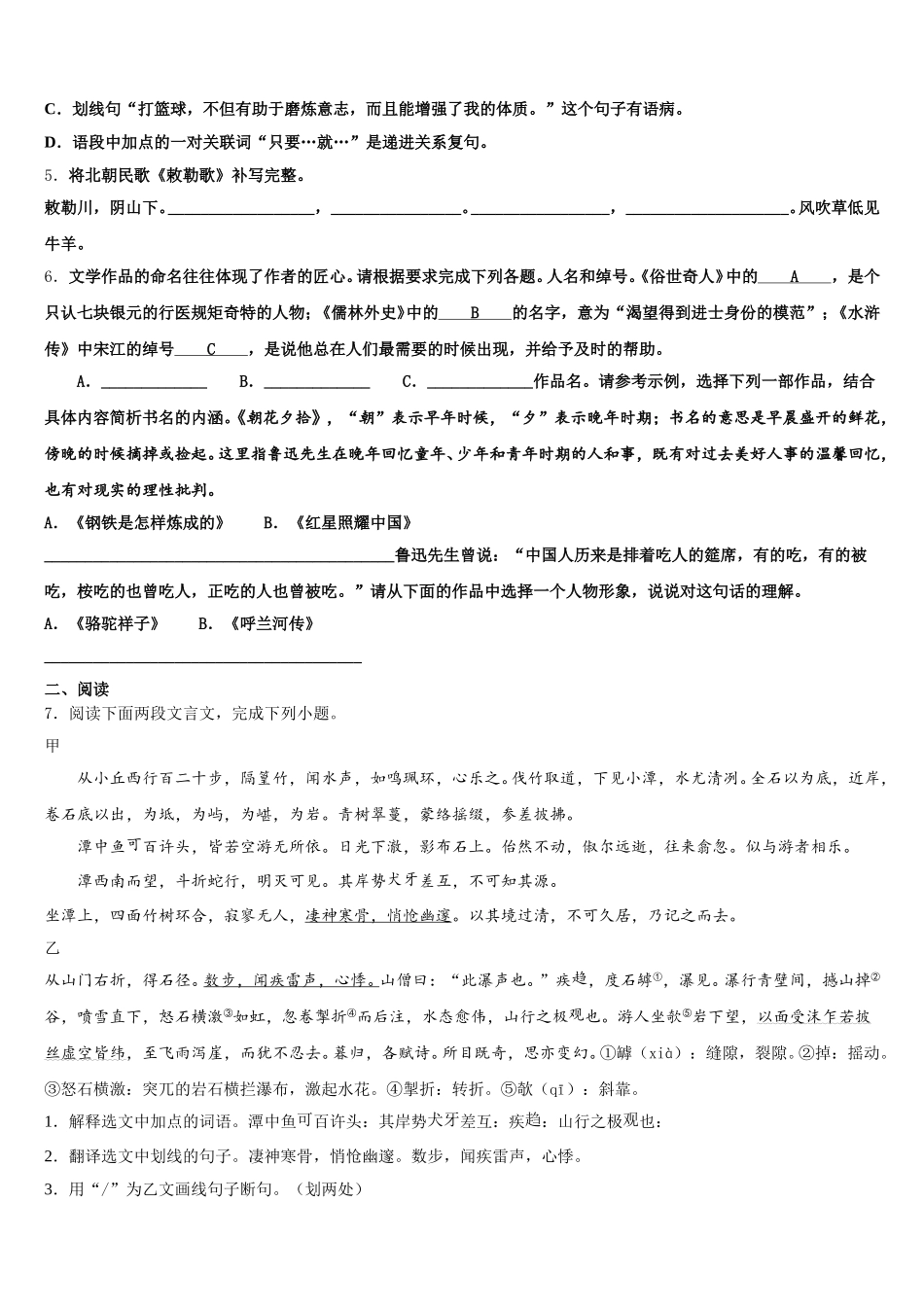 2026年黑龙江省齐齐哈尔市拜泉县初三第二学期期末练习语文试题试卷含解析_第2页