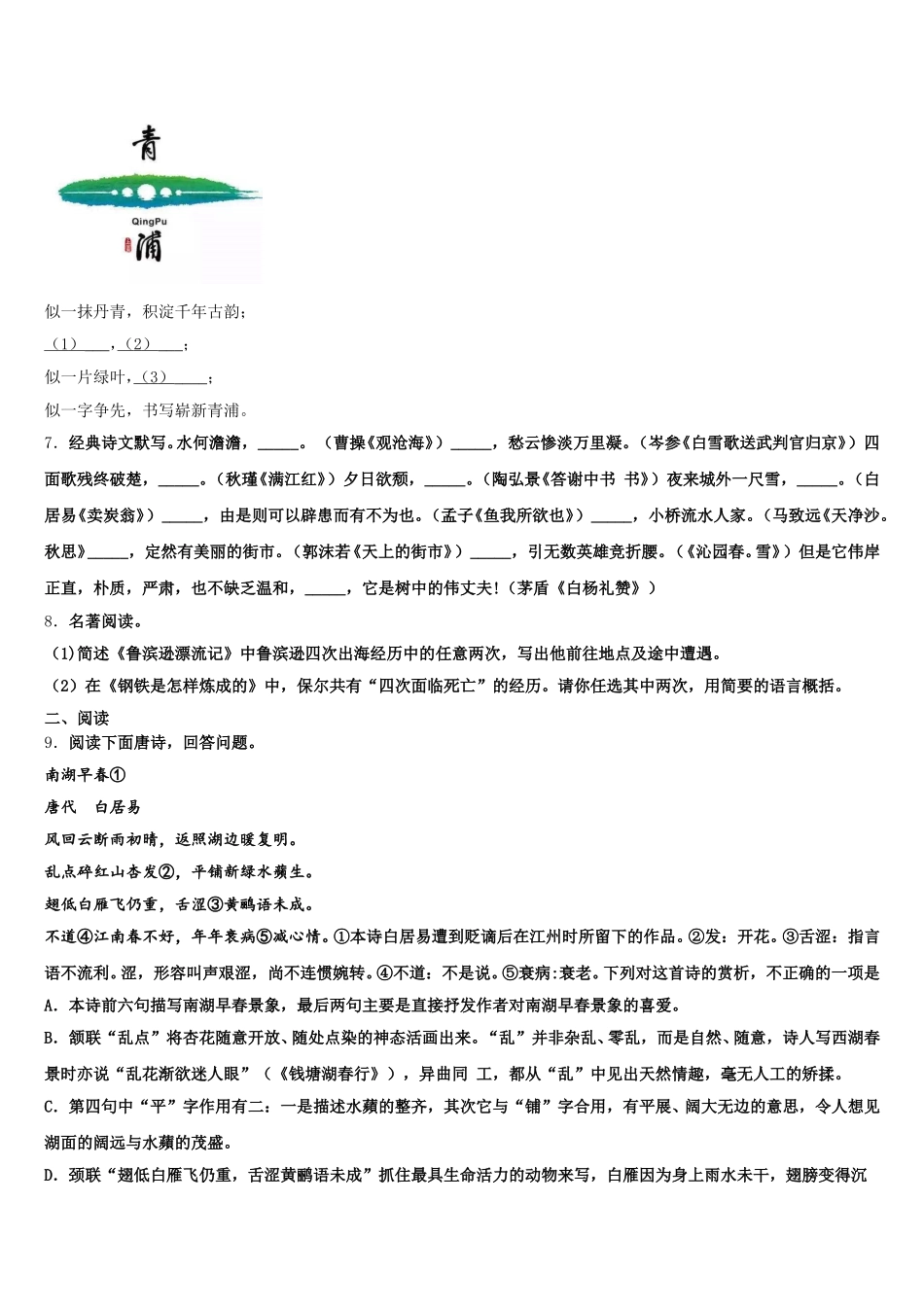 西省渭南市富平县2026年初三练习题(一)（全国卷II）语文试题含解析_第3页