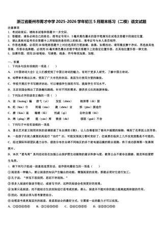 浙江省衢州市菁才中学2025-2026学年初三5月期末练习（二模）语文试题含解析