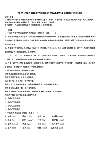 2025-2026学年浙江省温州市民办中考热身训练语文试题试卷含解析