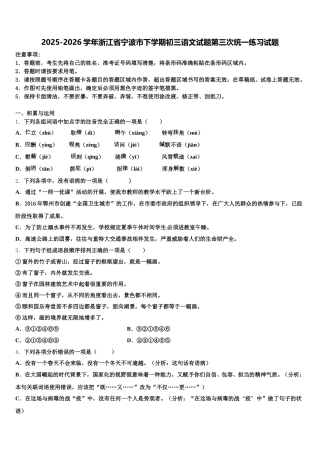 2025-2026学年浙江省宁波市下学期初三语文试题第三次统一练习试题含解析