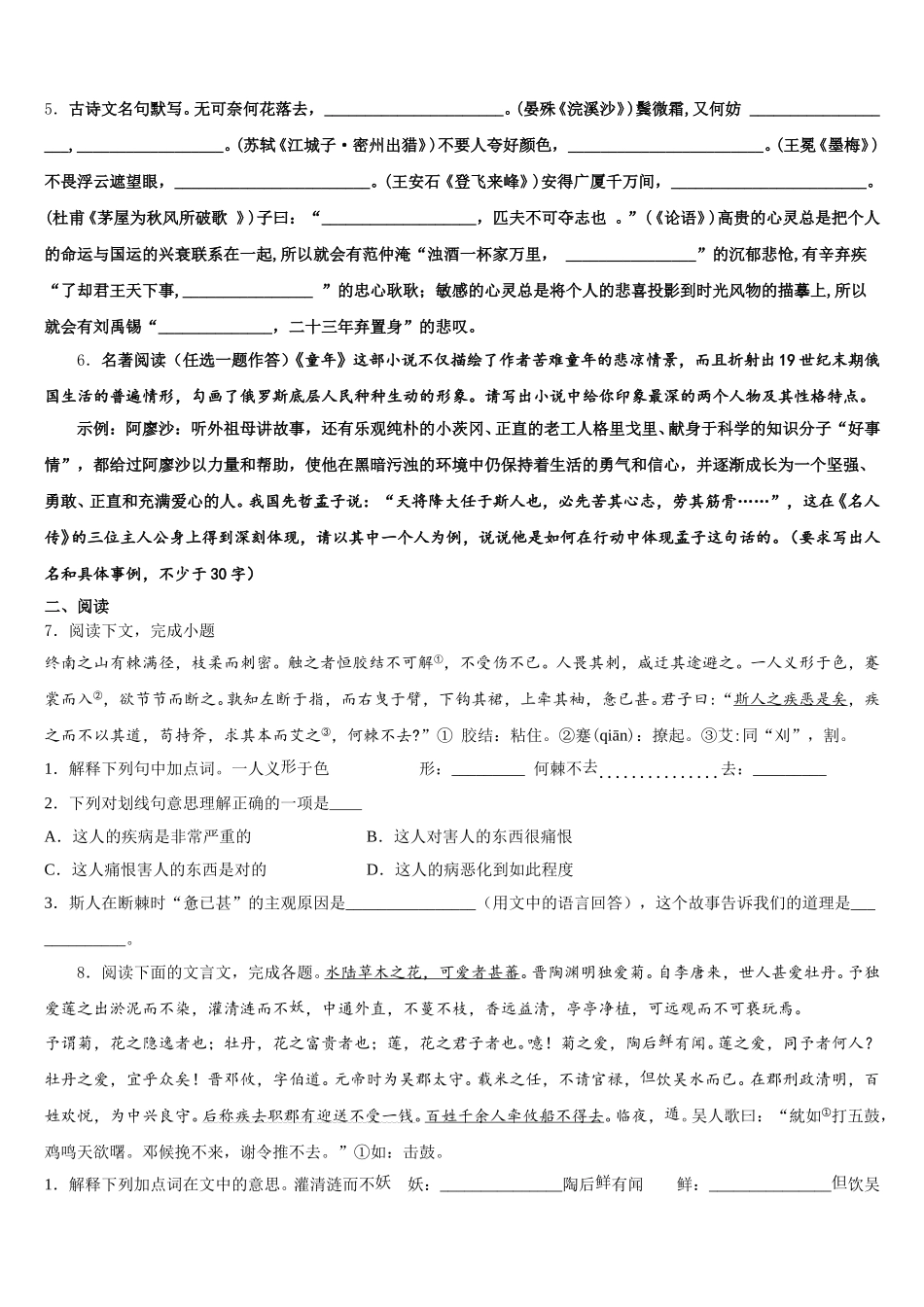 2026届青海省西宁市大通回族土族自治县（初三）语文试题5月月考试题含解析_第2页
