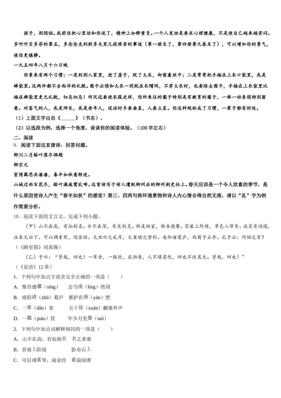 2026届河南省洛阳市汝阳县实验初中下学期初三期中复习语文试题试卷含解析_第3页