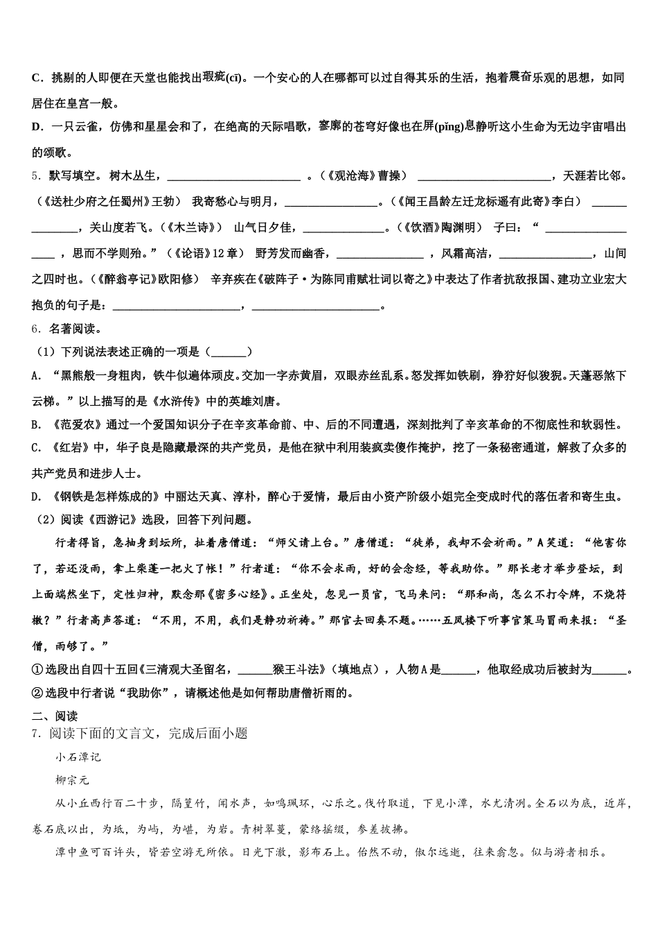 河南省洛阳市汝阳县市级名校2025-2026学年初三第六次模拟考试语文试题试卷含解析_第2页