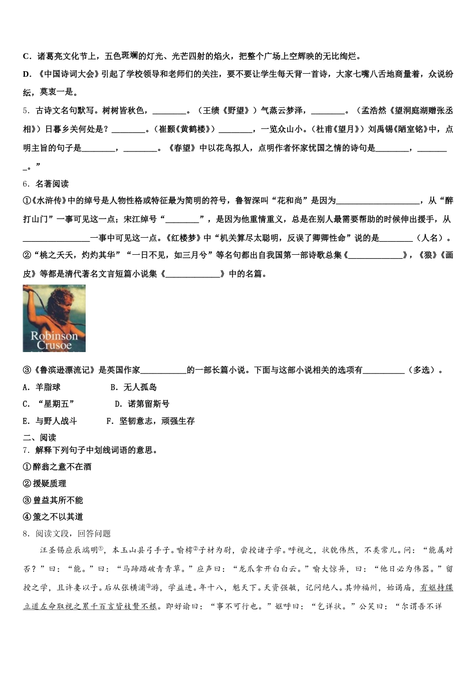 河南周口港区达标名校2025-2026学年中考仿真卷语文试题含解析_第2页