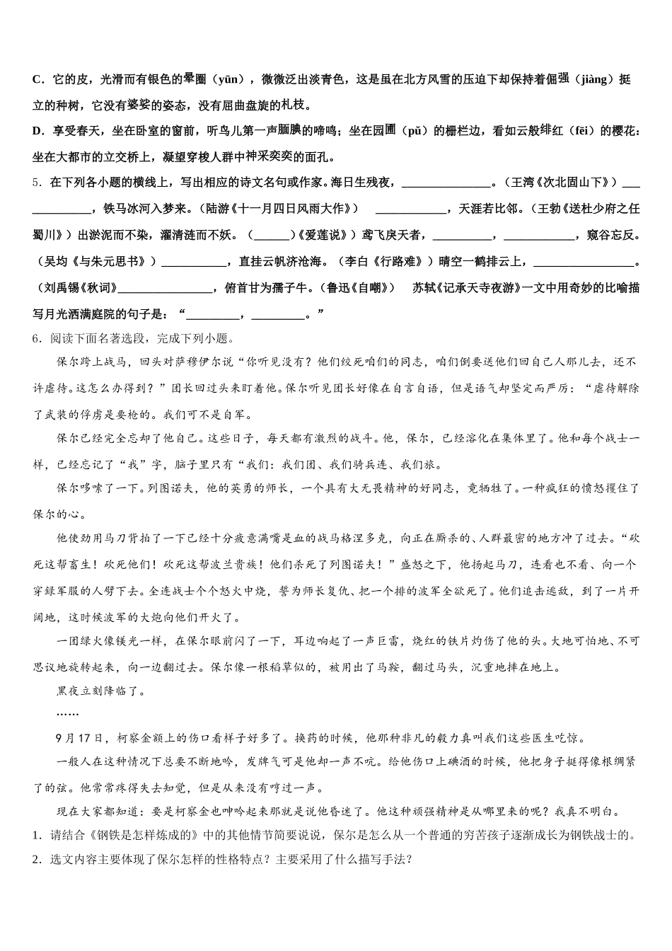 2025-2026学年重庆市梁平县初三3月总复习质检语文试题含解析_第2页