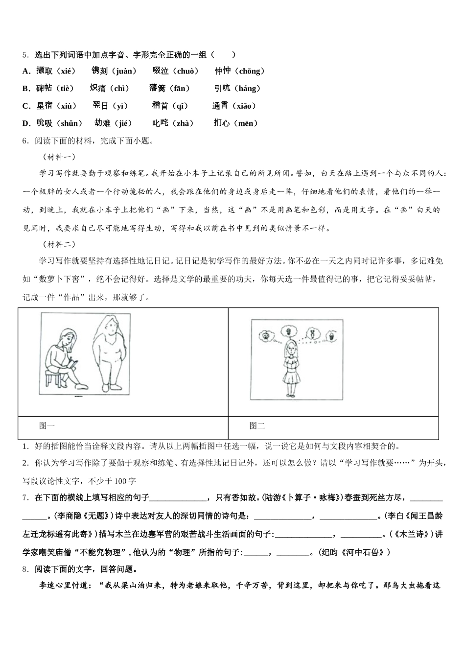 2025-2026学年内蒙古翁牛特旗乌丹三中学等校初三中考语文试题系列模拟卷（2）含解析_第2页