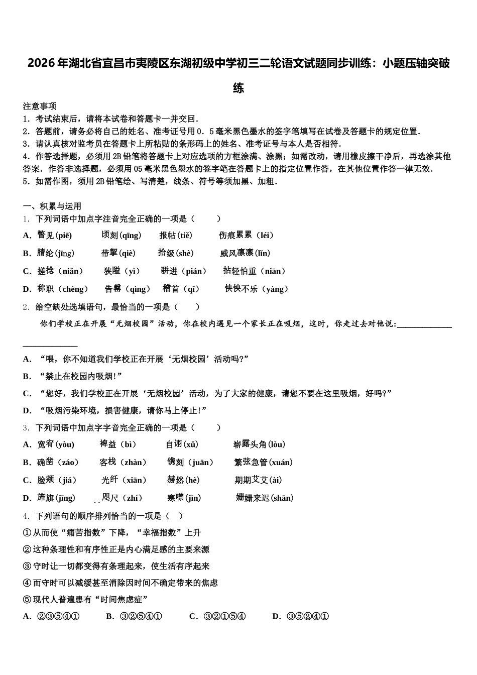 2026年湖北省宜昌市夷陵区东湖初级中学初三二轮语文试题同步训练：小题压轴突破练含解析_第1页