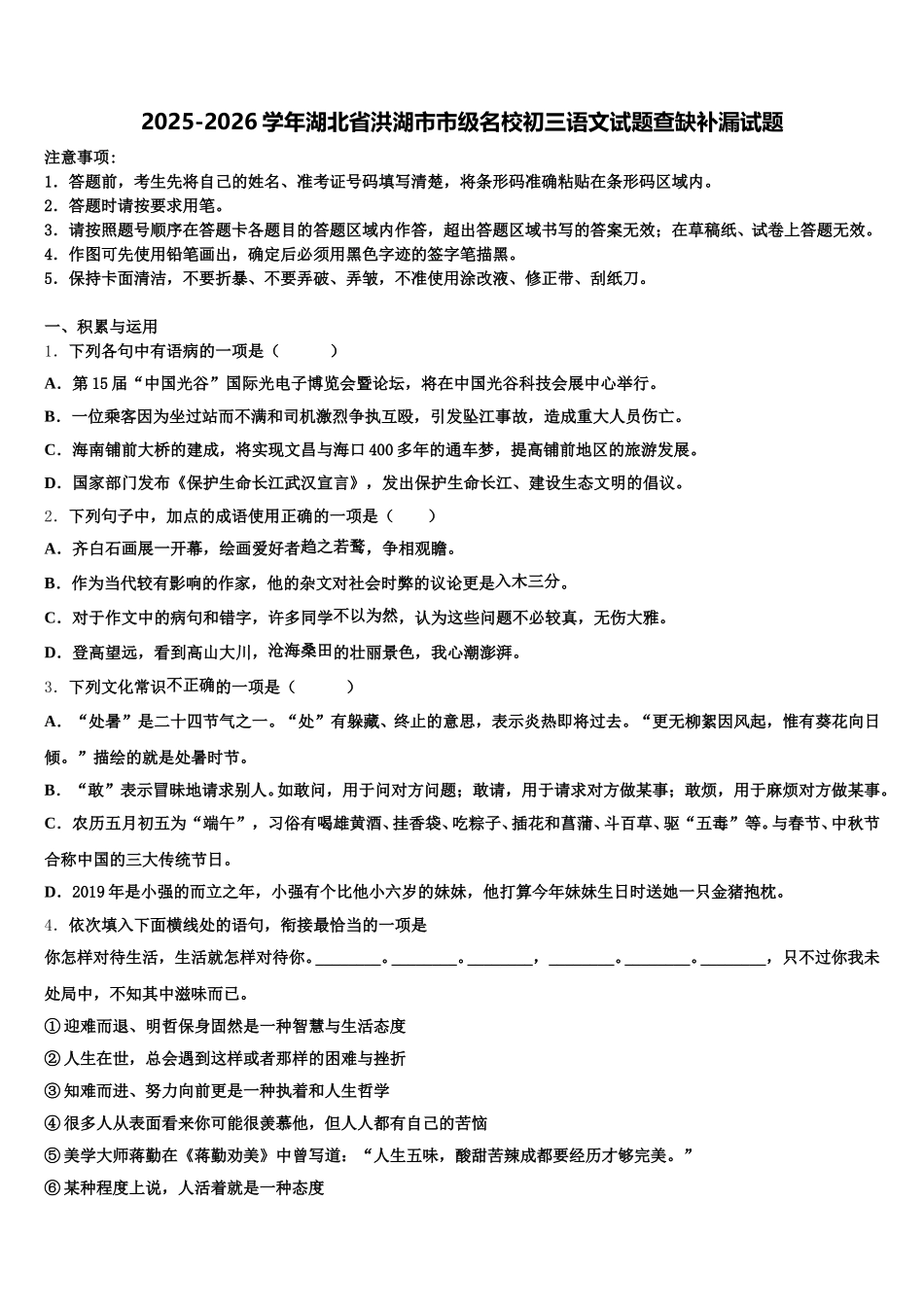 2025-2026学年湖北省洪湖市市级名校初三语文试题查缺补漏试题含解析_第1页