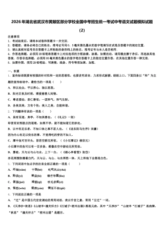 2026年湖北省武汉市黄陂区部分学校全国中考招生统一考试中考语文试题模拟试题（2）含解析