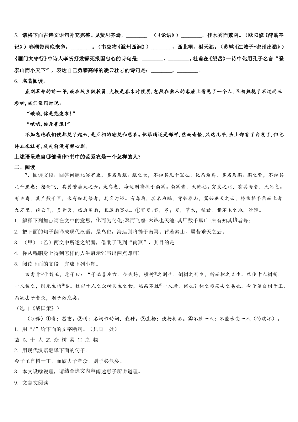 2025-2026学年湖北省孝感汉川市重点名校初三下学期阶段性测试（一）语文试题试卷含解析_第2页