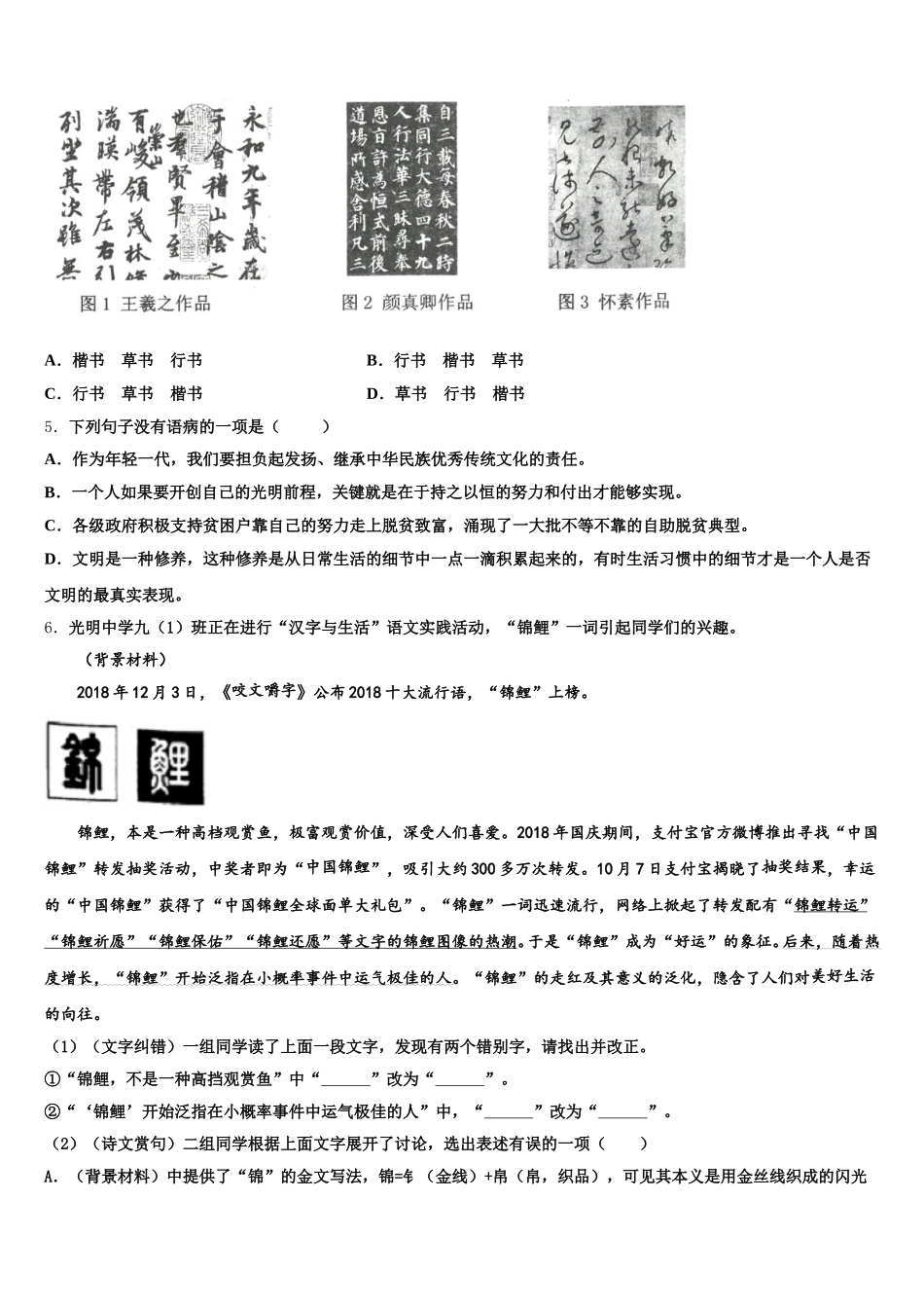 2026届湖北省恩施市崔坝、沙地、双河、新塘四校下学期初三模拟语文试题含解析_第2页
