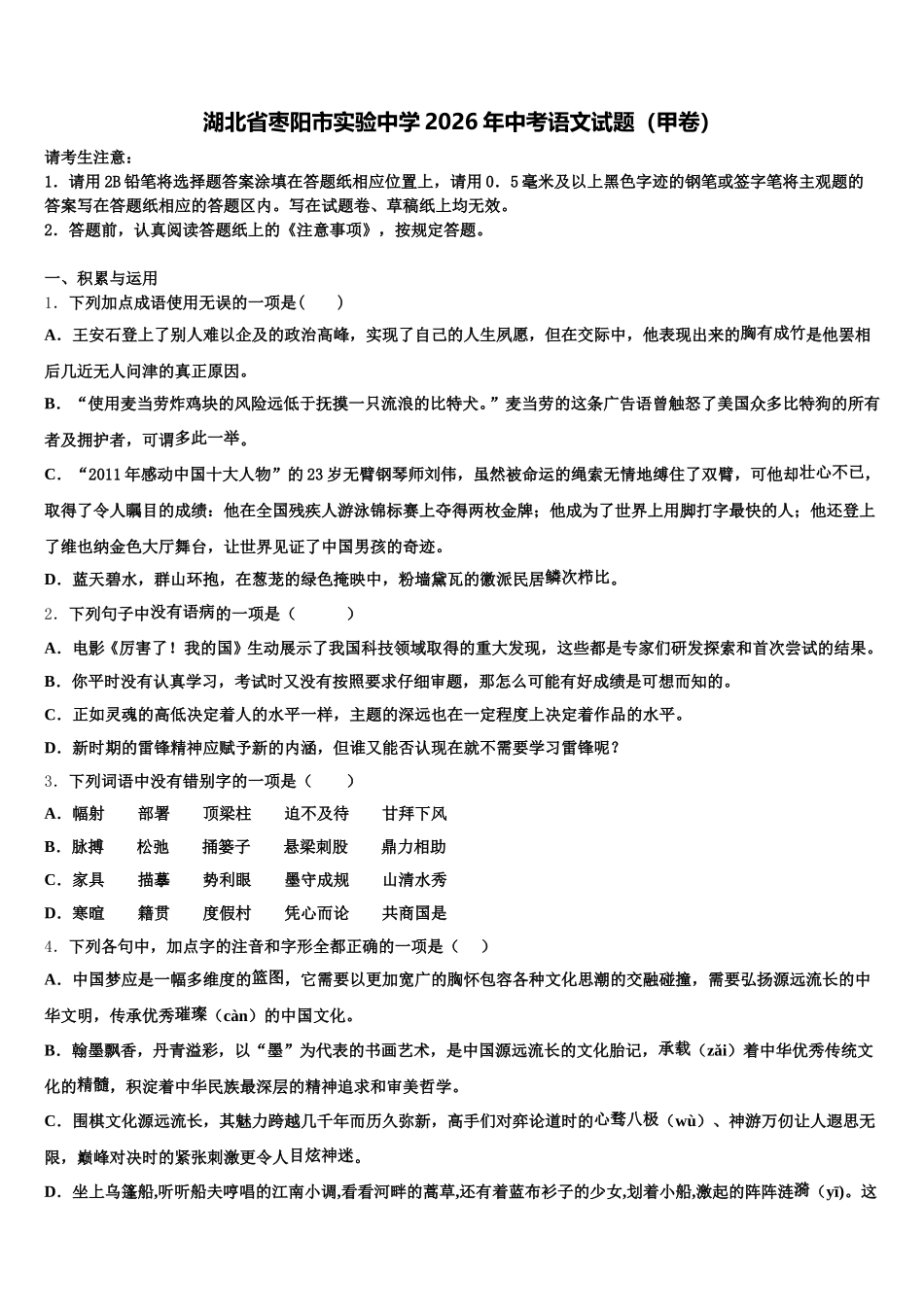 湖北省枣阳市实验中学2026年中考语文试题（甲卷）含解析_第1页