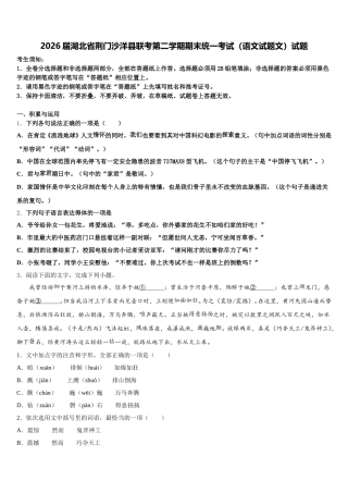 2026届湖北省荆门沙洋县联考第二学期期末统一考试（语文试题文）试题含解析