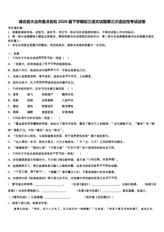 湖北省大冶市重点名校2026届下学期初三语文试题第三次适应性考试试卷含解析