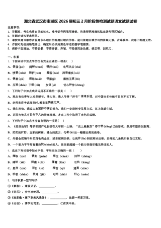 湖北省武汉市南湖区2026届初三2月阶段性检测试题语文试题试卷含解析