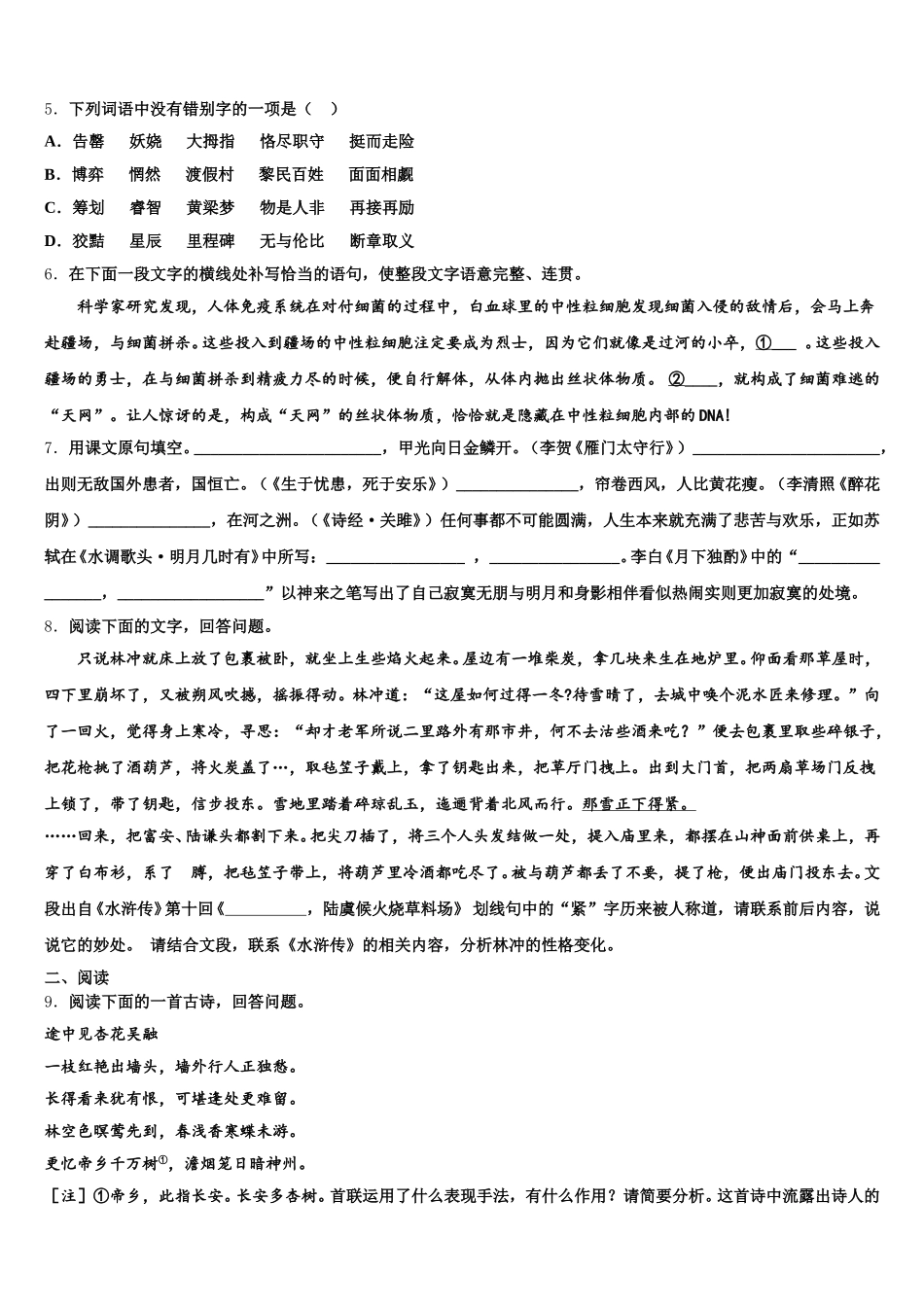 咸宁市重点中学2025-2026学年初三三校联考语文试题含解析_第2页