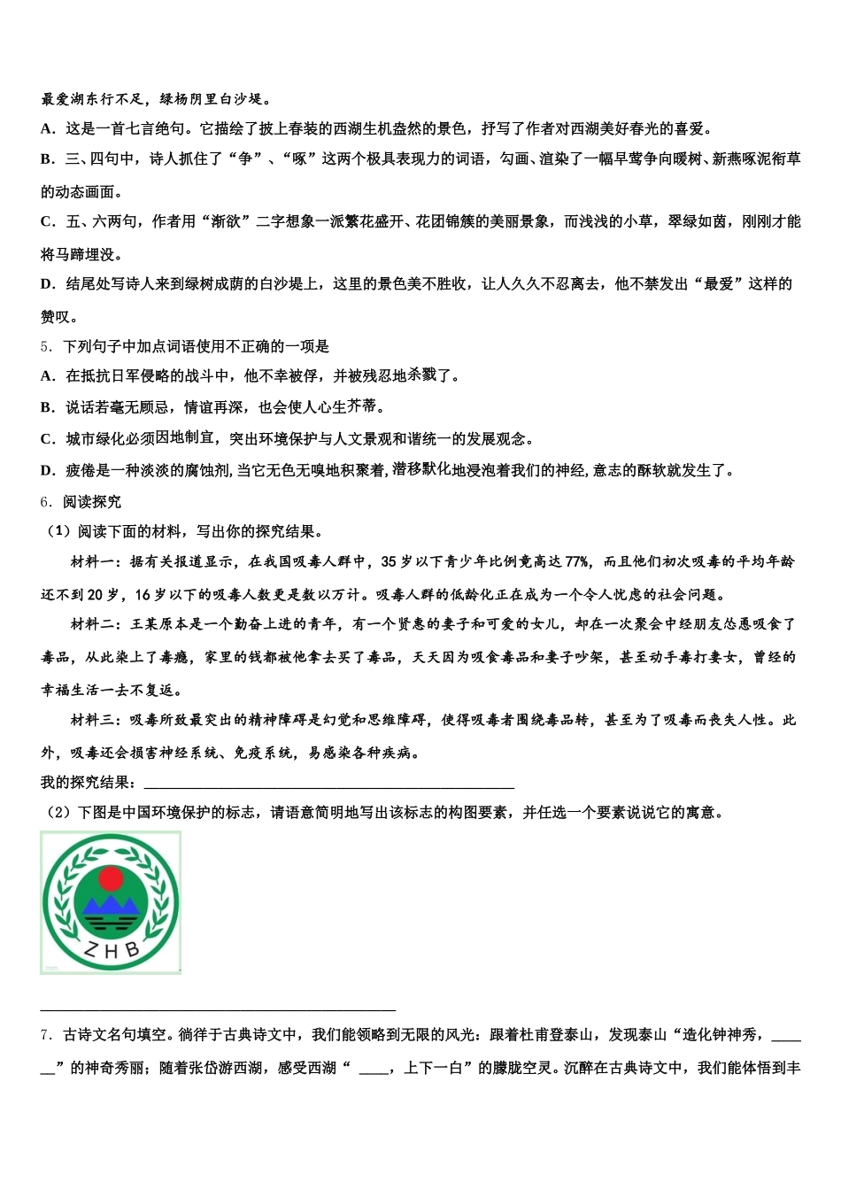 2026年湖北省黄石市河口中学初三第三次联考（三模）语文试题含解析_第2页