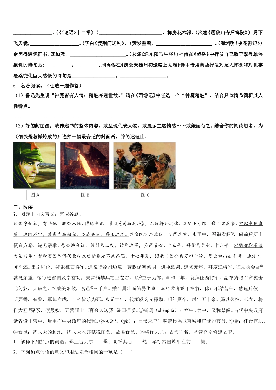 广西钦州市东场中学2026届初三下语文试题期中模拟试题含解析_第2页