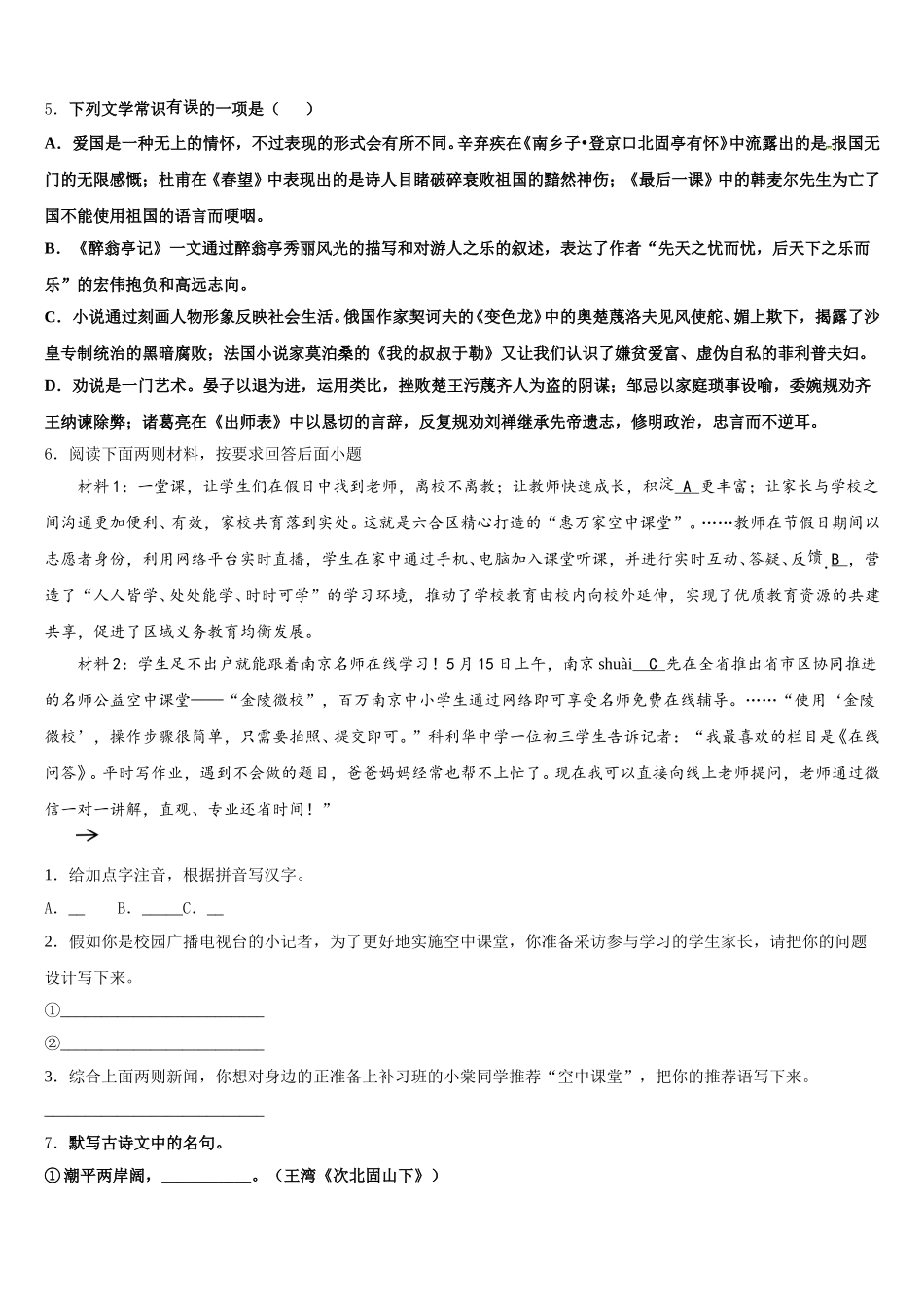 广西柳州市壶西实验中学2026届初三下学期期中语文试题文试题含解析_第2页
