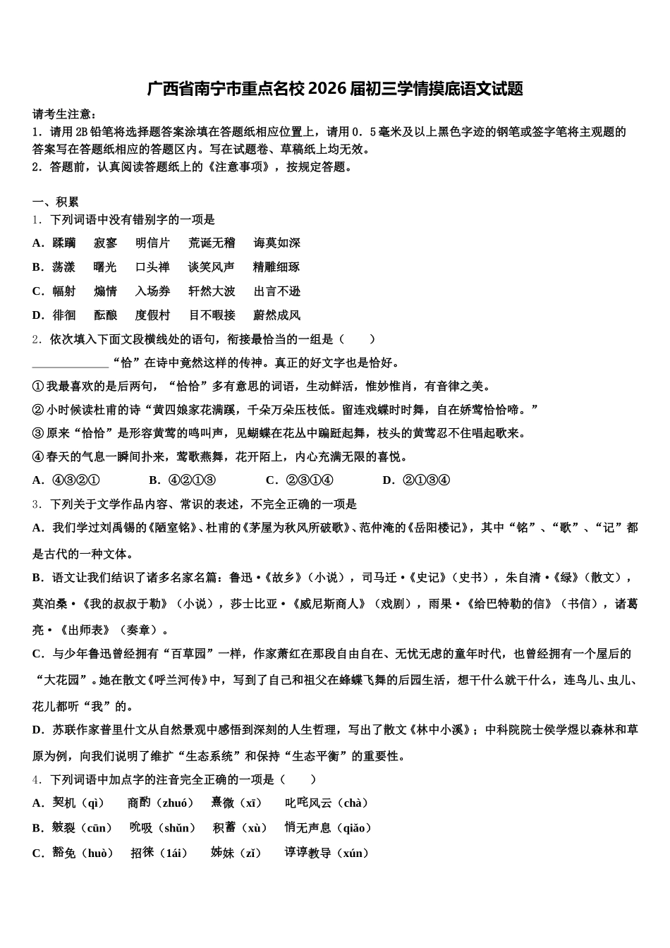 广西省南宁市重点名校2026届初三学情摸底语文试题含解析_第1页