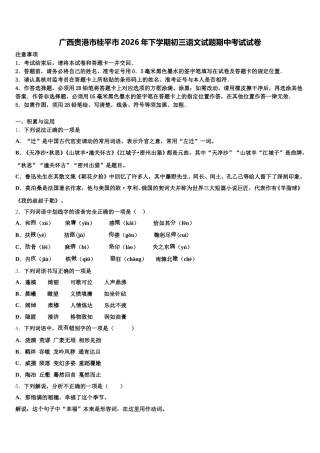 广西贵港市桂平市2026年下学期初三语文试题期中考试试卷含解析