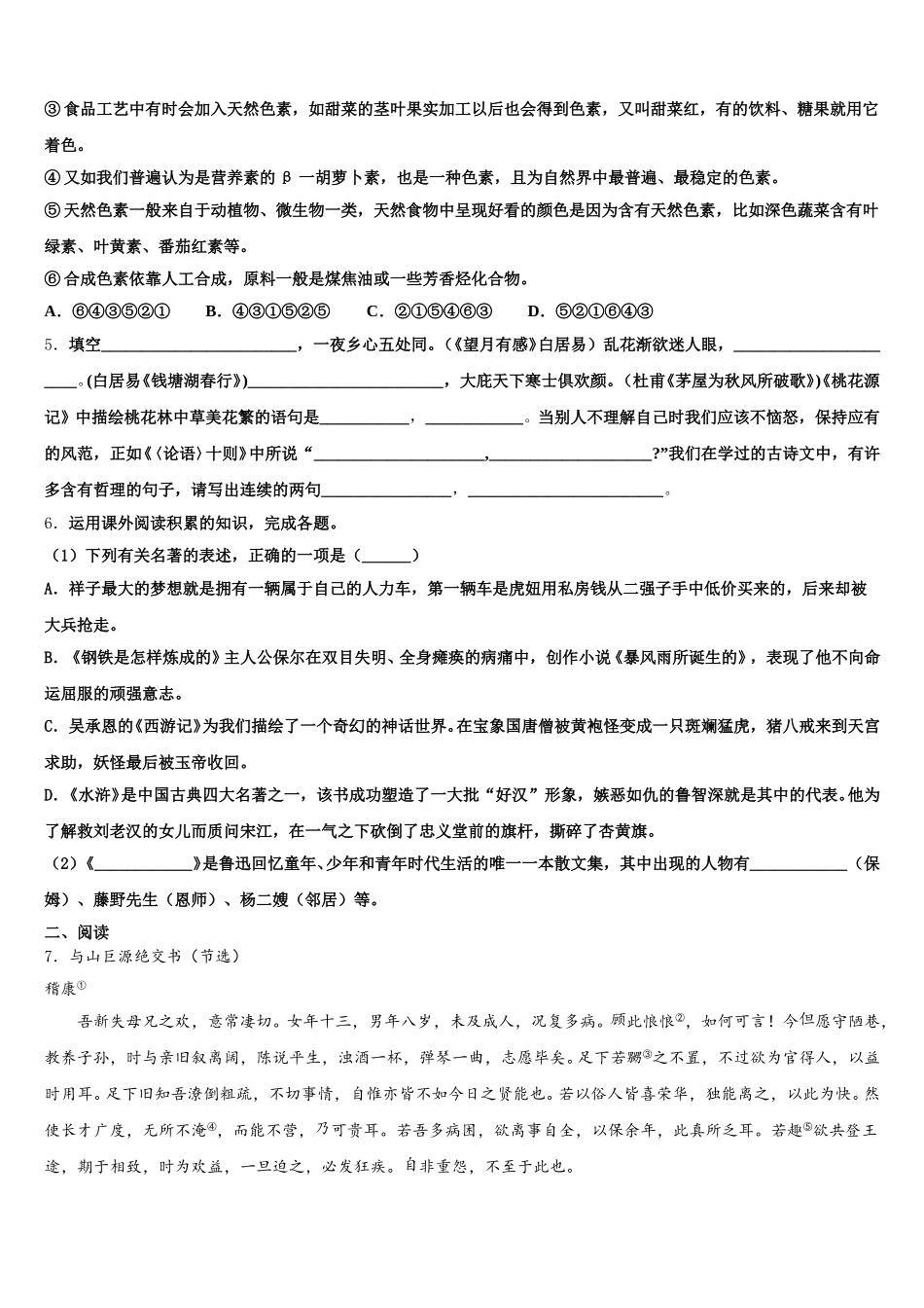 2025-2026学年辽源市重点中学初三第一次中考模拟统一考试（语文试题文）试题含解析_第2页
