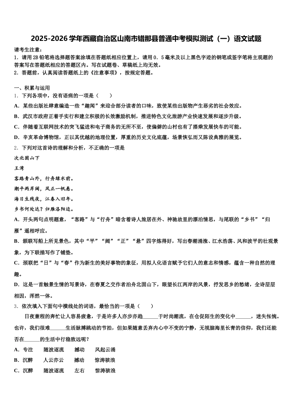 2025-2026学年西藏自治区山南市错那县普通中考模拟测试（一）语文试题含解析_第1页