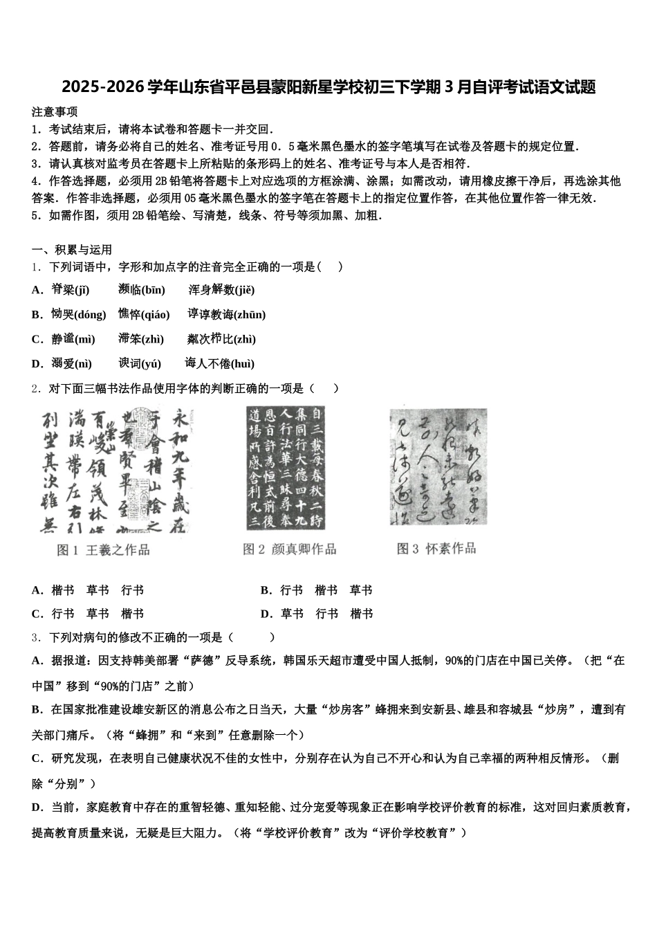 2025-2026学年山东省平邑县蒙阳新星学校初三下学期3月自评考试语文试题含解析_第1页