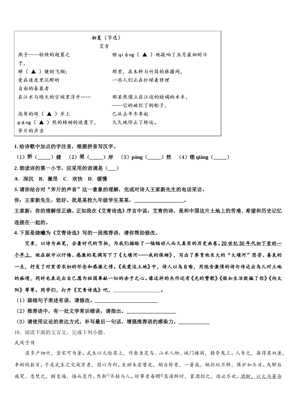 2026年山东省德州市宁津县初三下学期摸底统一考试语文试题含解析_第3页