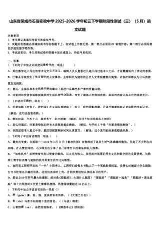 山东省荣成市石岛实验中学2025-2026学年初三下学期阶段性测试（三）（5月）语文试题含解析