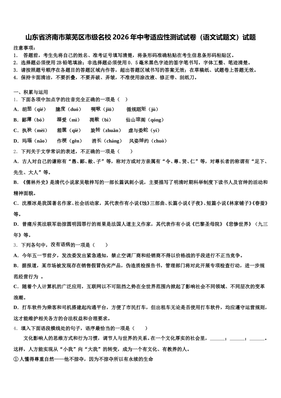 山东省济南市莱芜区市级名校2026年中考适应性测试试卷（语文试题文）试题含解析_第1页