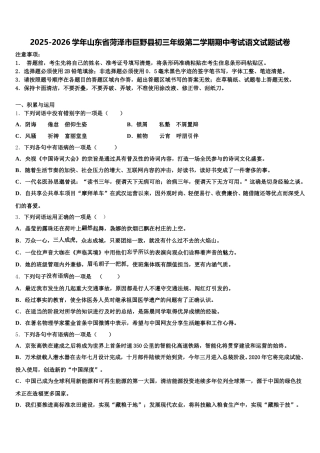 2025-2026学年山东省菏泽市巨野县初三年级第二学期期中考试语文试题试卷含解析