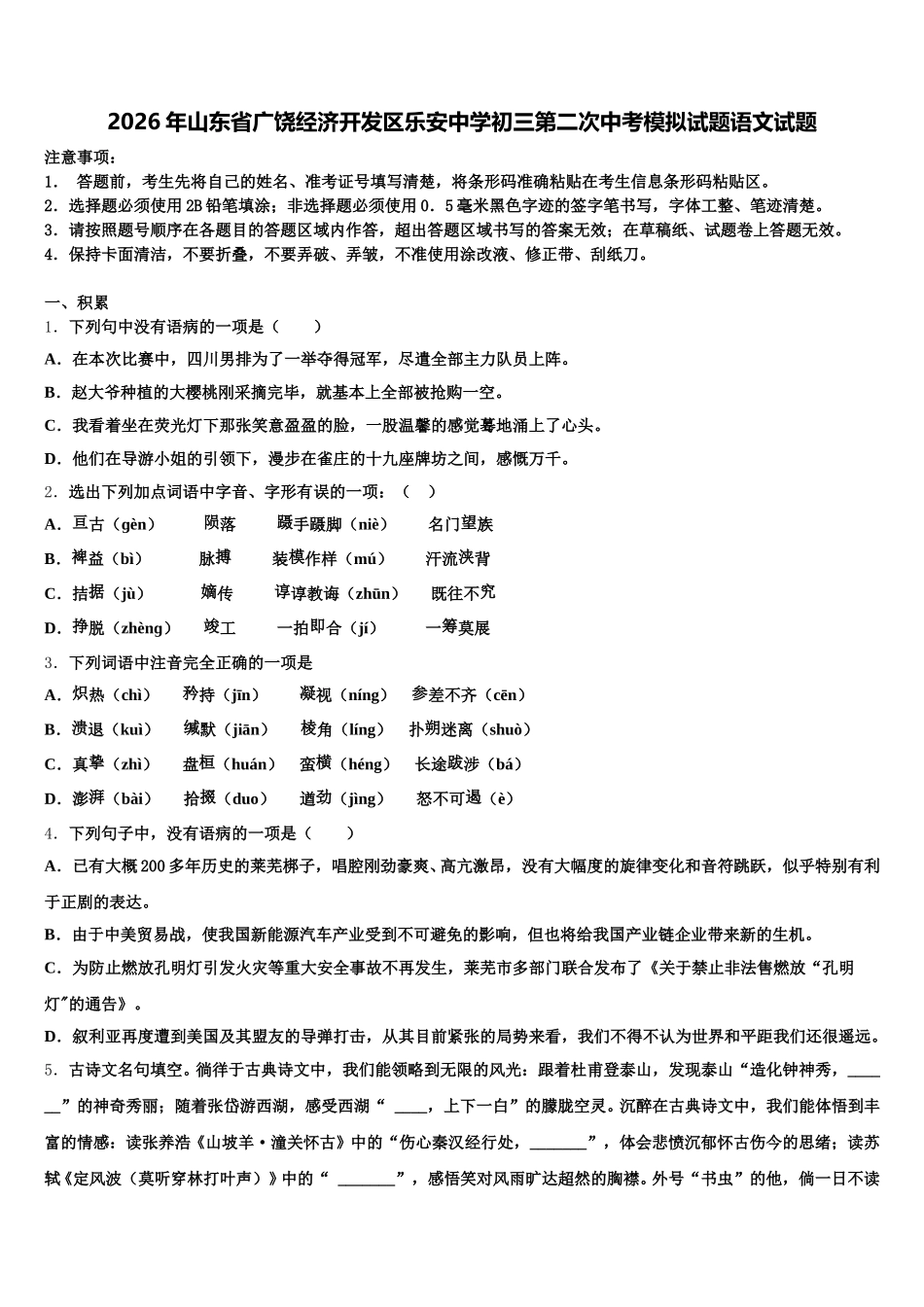 2026年山东省广饶经济开发区乐安中学初三第二次中考模拟试题语文试题含解析_第1页