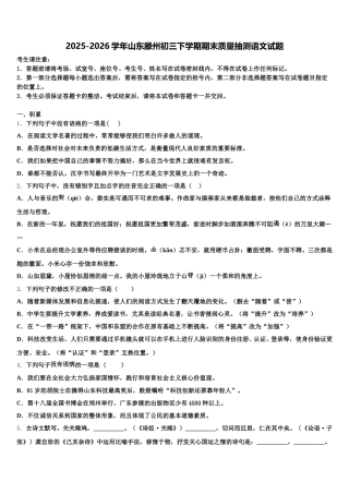 2025-2026学年山东滕州初三下学期期末质量抽测语文试题含解析