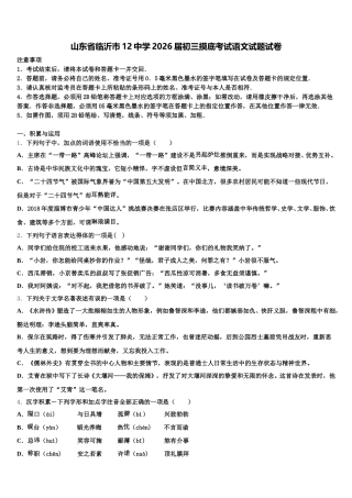 山东省临沂市12中学2026届初三摸底考试语文试题试卷含解析