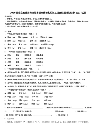 2026届山东省潍坊市诸城市重点达标名校初三语文试题模拟试卷（三）试题含解析