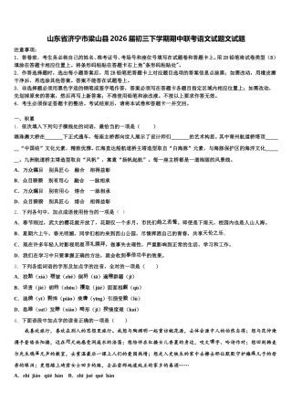山东省济宁市梁山县2026届初三下学期期中联考语文试题文试题含解析
