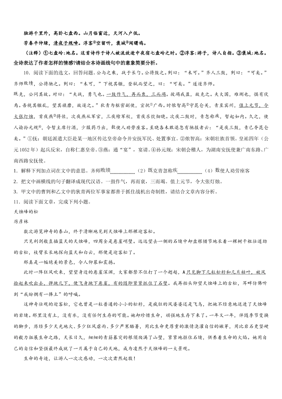 2026届山东省青岛市黄岛区重点达标名校初三全真语文试题模拟试卷(1)含解析_第3页