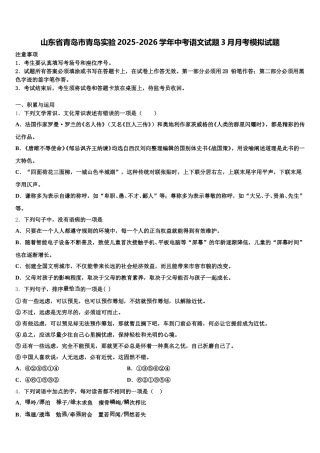 山东省青岛市青岛实验2025-2026学年中考语文试题3月月考模拟试题含解析
