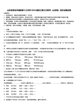 山东省青岛市城阳第十三中学2026届初三第三次联考（山东版）语文试题试卷含解析