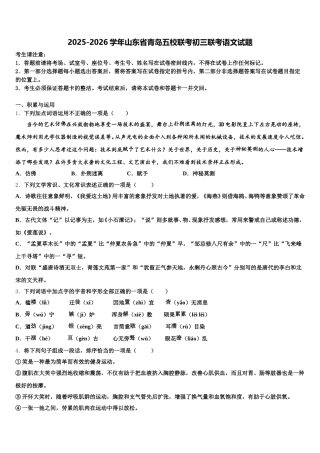 2025-2026学年山东省青岛五校联考初三联考语文试题含解析