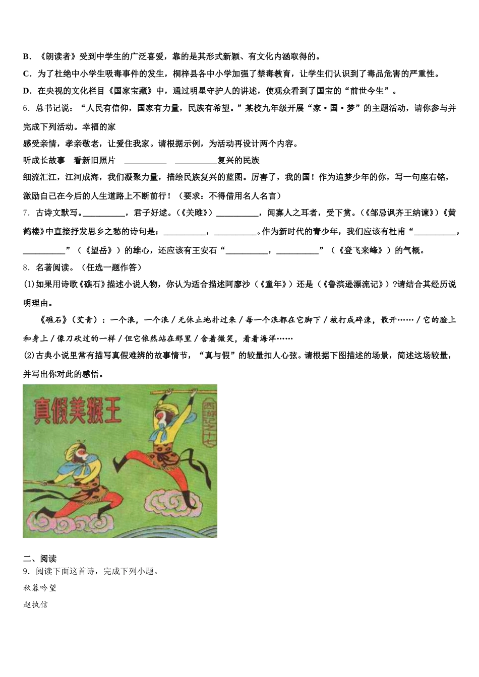 2025-2026学年湖南省长沙市浏阳市重点中学初三下第五次月考（语文试题）试题含解析_第2页