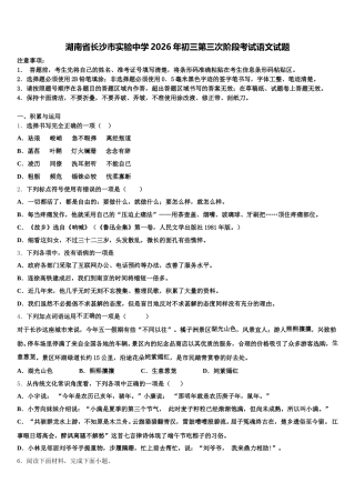 湖南省长沙市实验中学2026年初三第三次阶段考试语文试题含解析